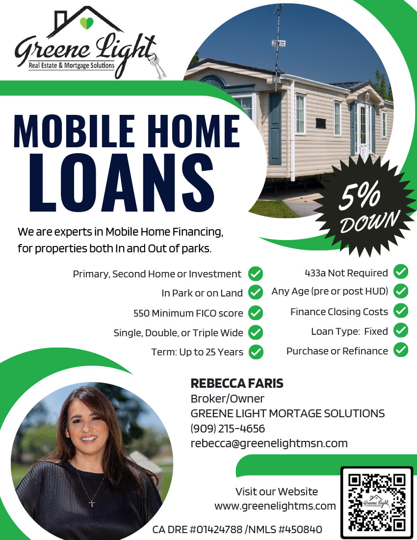 Promotional graphic for Greene Light Real Estate & Mortgage Solutions highlighting mobile home loan services. The image features details about financing options, including primary or investment properties, minimum FICO score requirements, and interest rates starting at 5% down. Contact information for Rebecca Faris, Broker/Owner, is provided alongside a QR code linking to the company's website